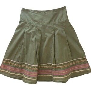 Merona Sage Cotton Peasant Full Skirt Embellished Hem Boho Artsy Indie 4 pleats